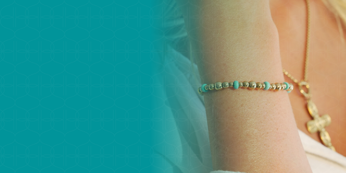 Banner image of Boho Betty's waterproof collection. Including gold and turquoise beaded bracelet