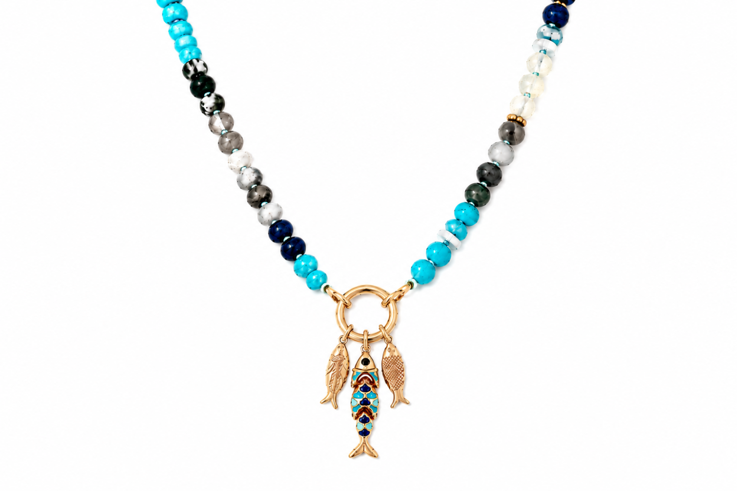 Amala Blue Bead Gold Fish Cluster Charm Carrier Necklace featuring jade, shell, turquoise and labradorite gemstone beads finished with a blue ombré enamel fish cluster on a waterproof 14k gold PVD charm carrier.