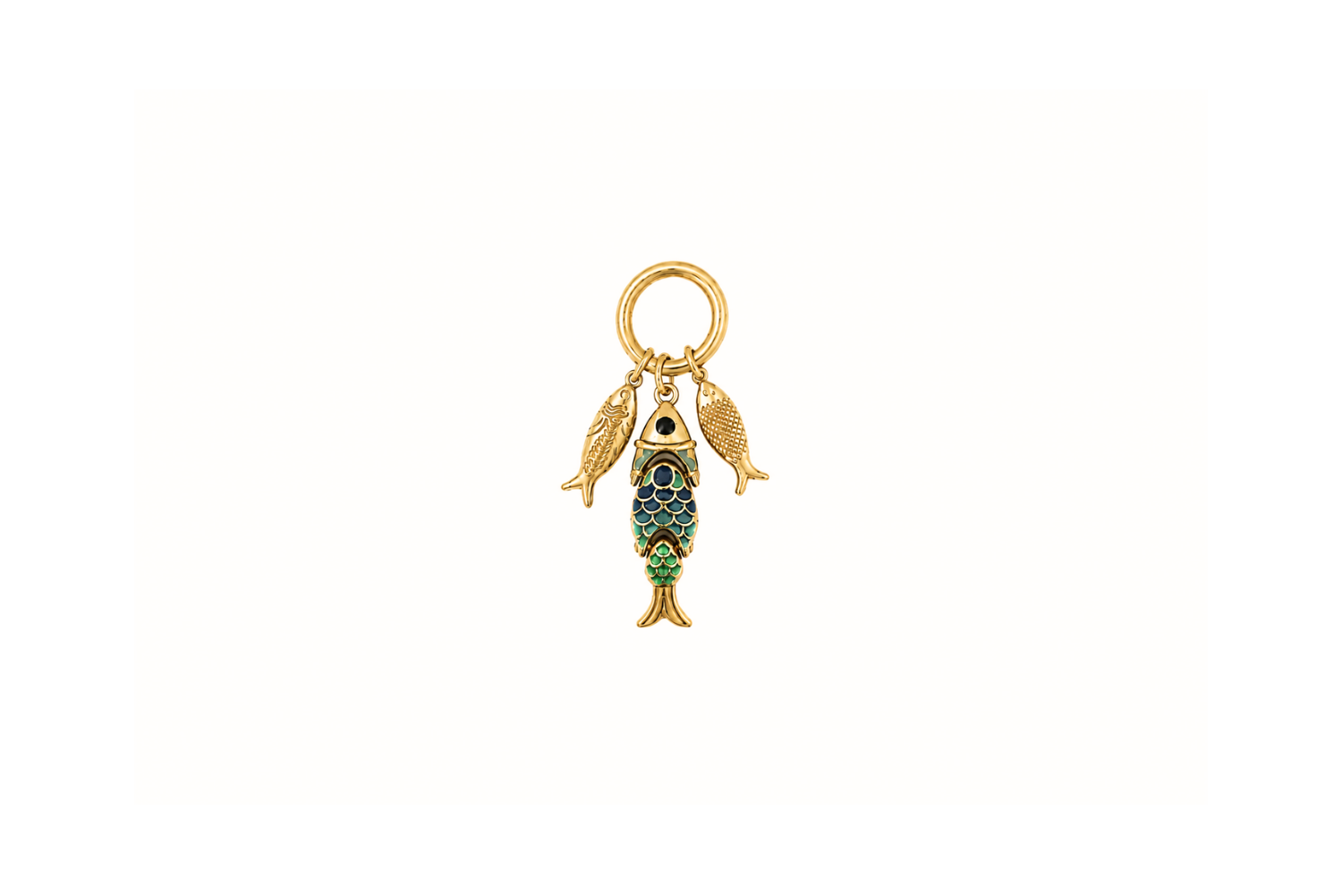 Anura Rainbow Ombre Fish Cluster Charm Gold — two polished gold fish with a rainbow ombré enamel fish on a waterproof 14k gold PVD charm cluster.