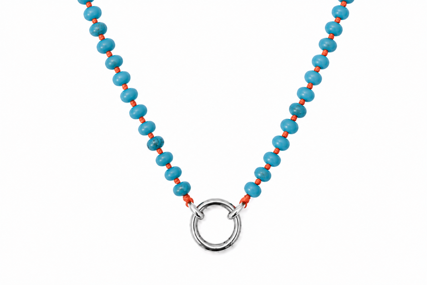 Amala Orange & Turquoise Silver Charm Carrier Necklace featuring turquoise howlite gemstone beads, orange accents and a waterproof white gold PVD stainless steel charm carrier clasp.