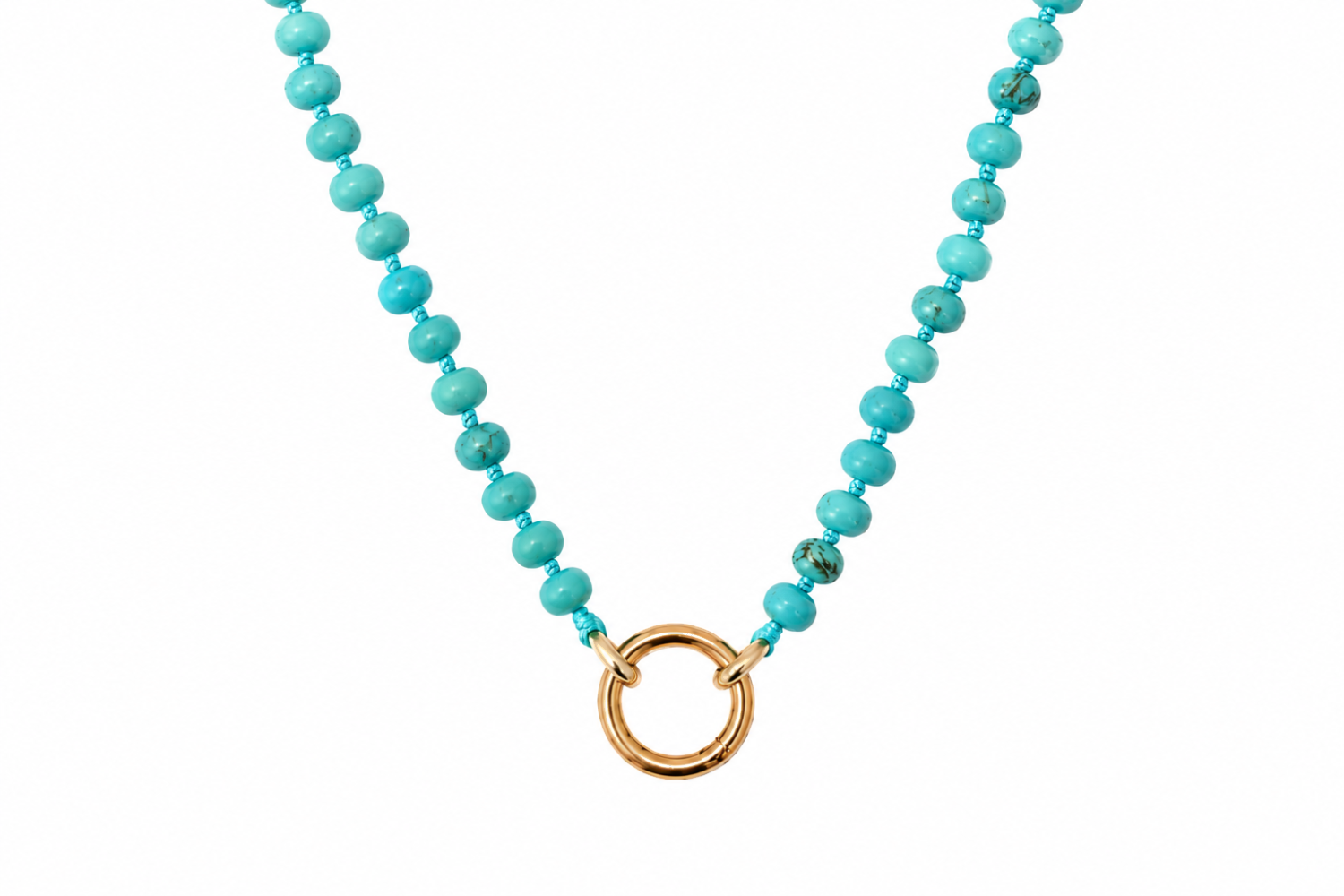 Amala Turquoise Howlite Gold Charm Carrier Necklace featuring turquoise howlite gemstone beads and a waterproof 14k gold PVD charm carrier clasp.