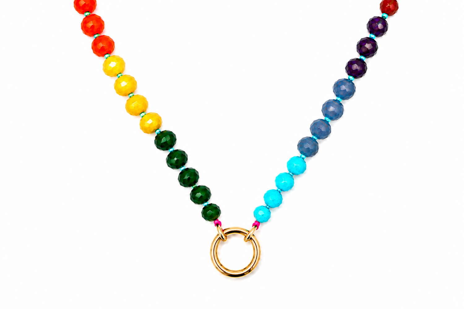 Amala Rainbow Bead Gold Charm Carrier Necklace featuring colourful gemstone beads and a waterproof 14k Gold PVD charm carrier clasp.