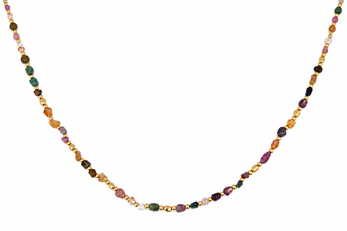 Alana Gold & Tourmaline Bead Necklace featuring colourful natural Tourmaline gemstones, polished gold beads and waterproof 14k Gold PVD stainless steel details.