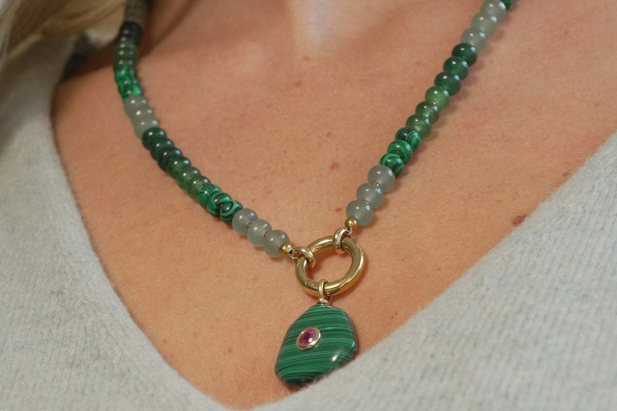 Amala Green Mix & Kalis Malachite Gold Charm Carrier Necklace by Boho Betty – Kalis Malachite Gold Charm worn on a green beaded necklace, a waterproof malachite gemstone charm pendant