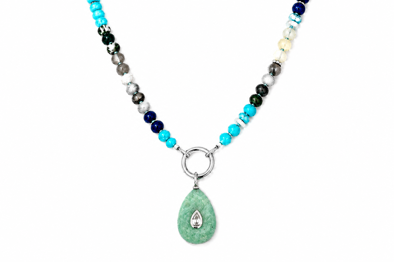 Amala Blue Bead Silver Charm Carrier Necklace