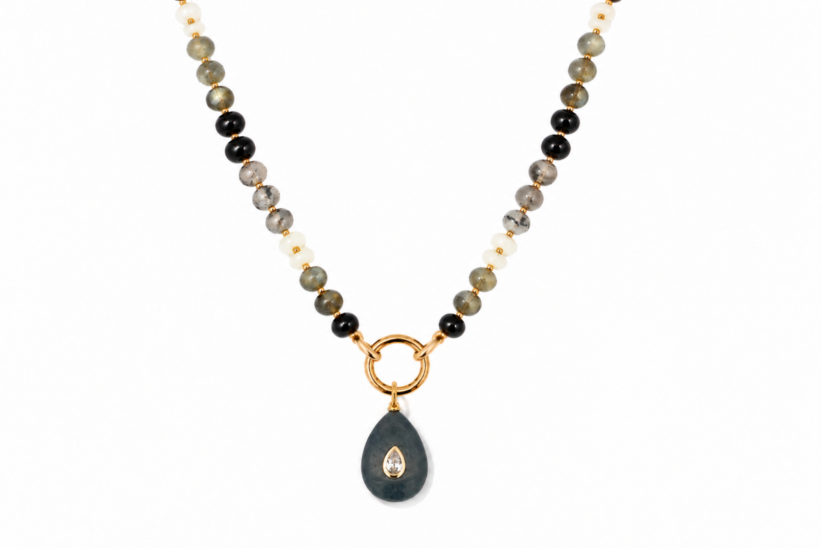 Amala Black Mix Bead & Fleur Labradorite Gold Charm Carrier Necklace
