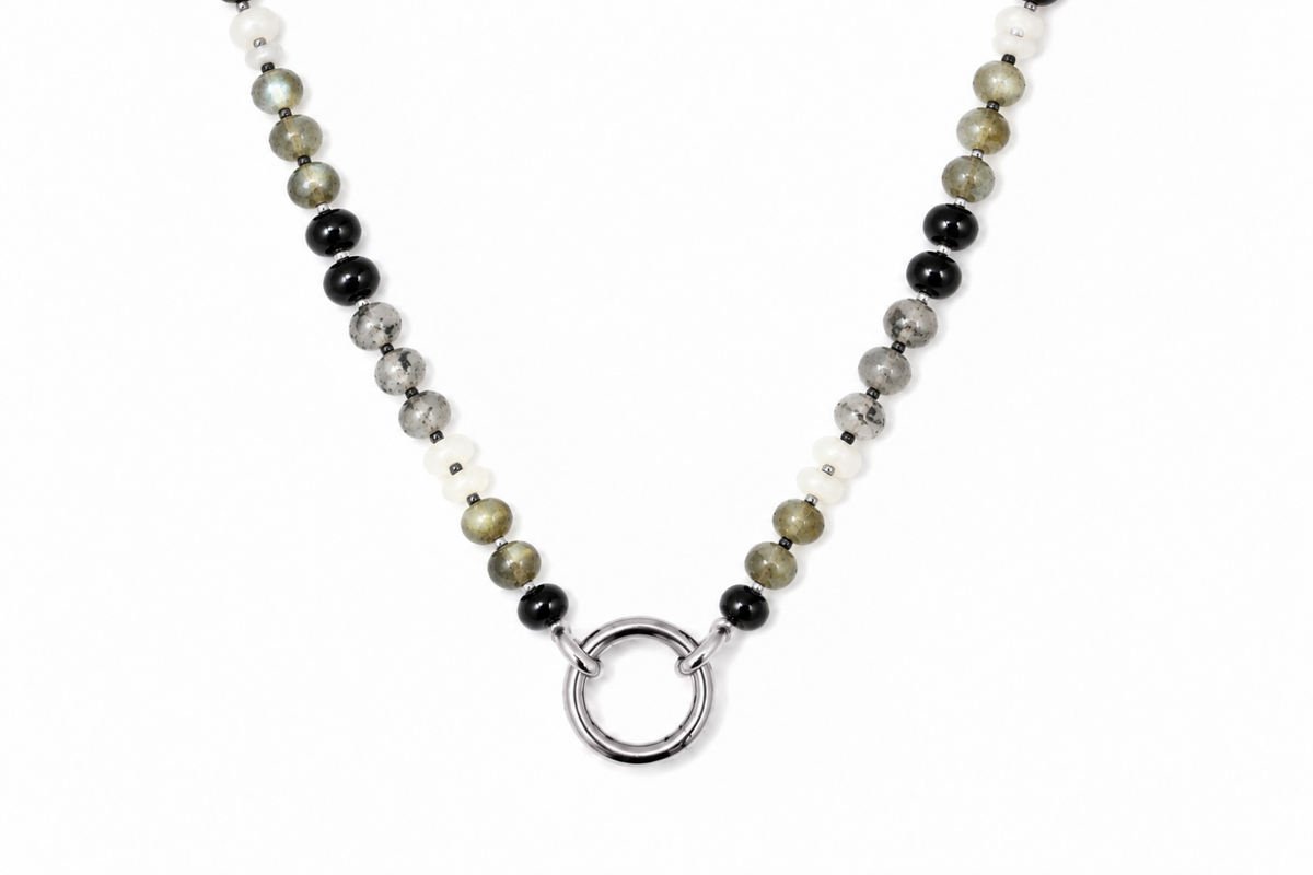 Amala Silver & Black Mix Bead Charm Carrier Necklace