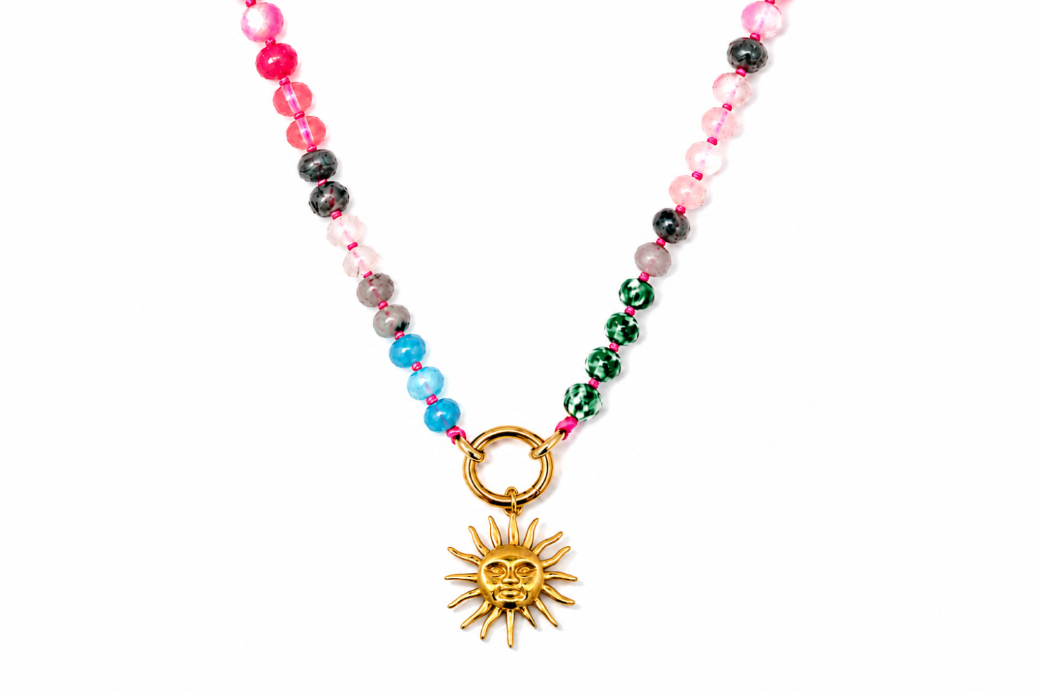 Amala Pink & Blue Gold Charm Carrier Necklace featuring jade, rose quartz and labradorite gemstone beads with a waterproof 14k gold PVD stainless steel charm carrier clasp.