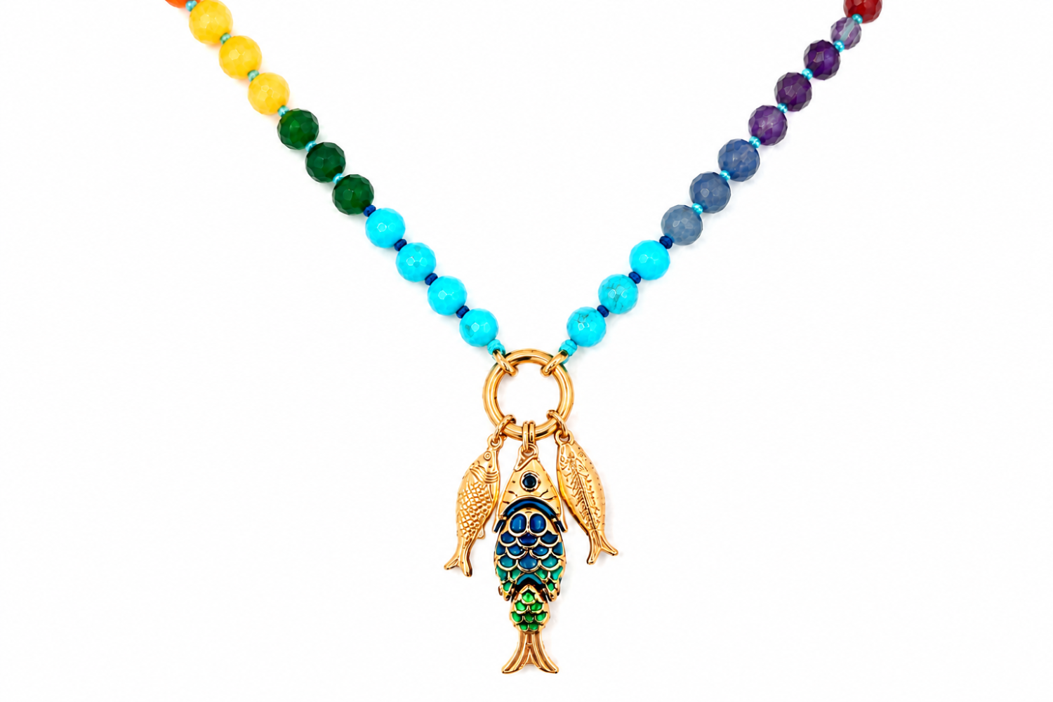 Amala Rainbow Bead Gold Fish Cluster Charm Carrier Necklace featuring blue aventurine, turquoise howlite, amethyst, agate and jade beads finished with a rainbow enamel fish cluster on a waterproof 14k gold PVD charm carrier.