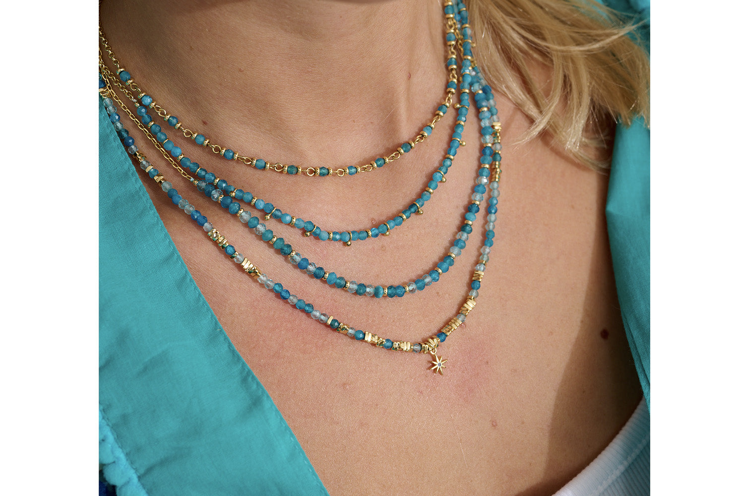 Boho Betty's panacea apatite gold necklace is the perfect addition to any outfit and a great stacking necklace, the perfect necklace all round!