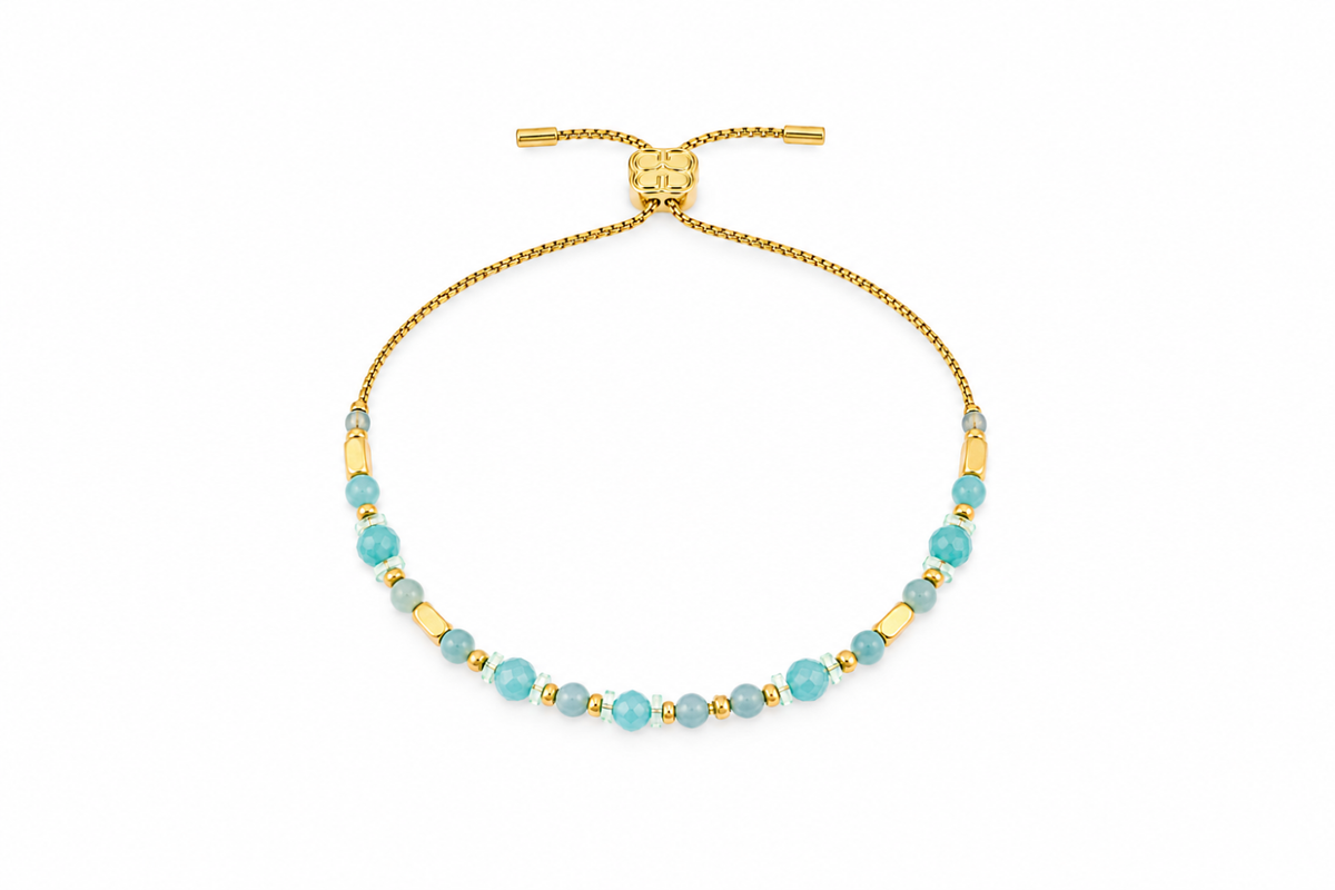 Aya Gold & Amazonite Bead Slider Bracelet with mint, aqua and turquoise Amazonite gemstones, polished gold beads, crystal spacers and 14k Gold PVD details.