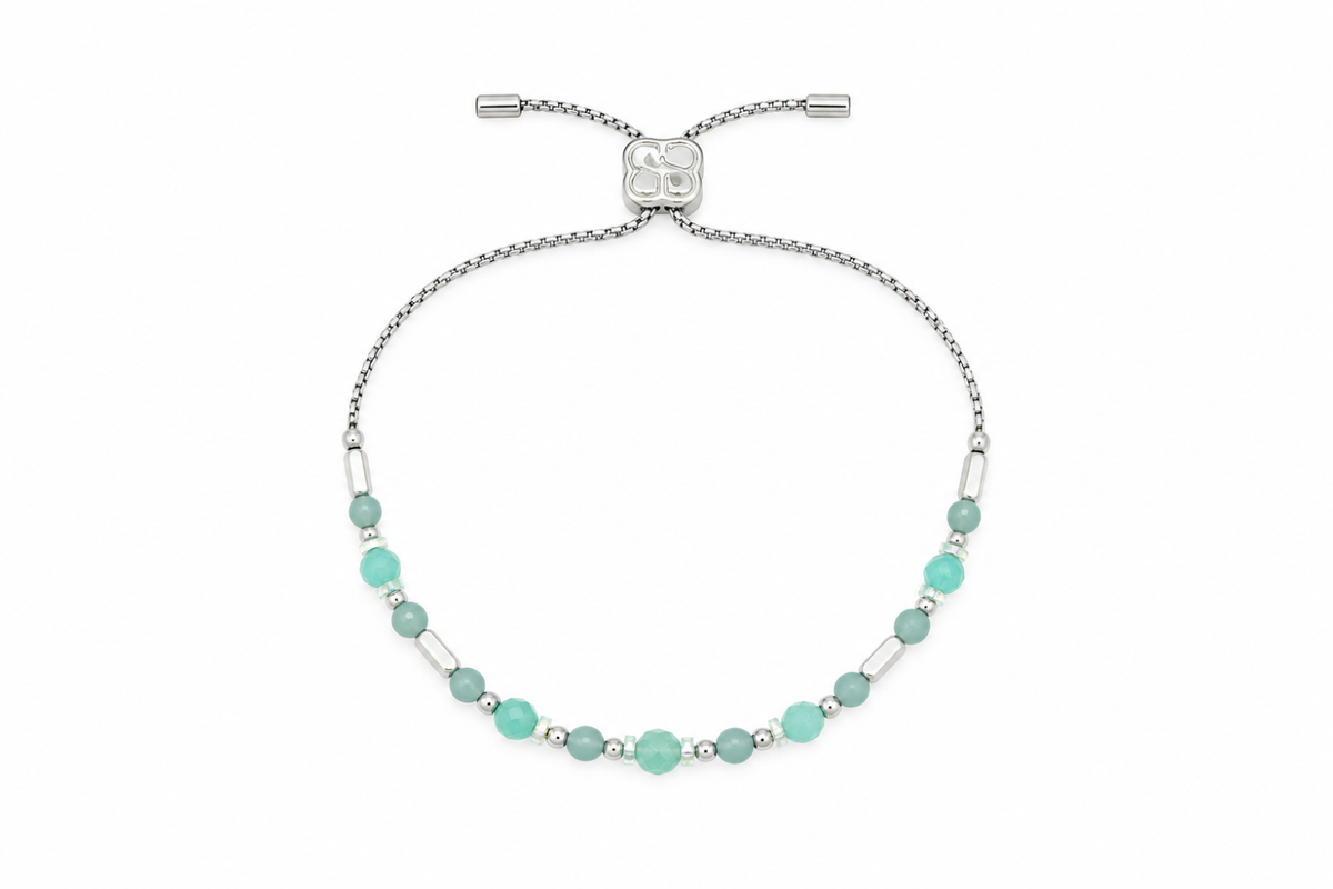 Aya Silver & Amazonite Bead Slider Bracelet with mint and aqua Amazonite gemstones, polished silver beads, crystal spacers and White Gold PVD details.