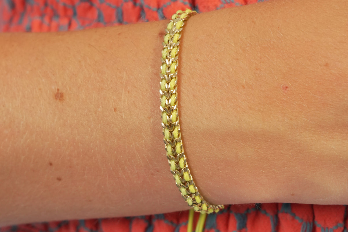 Cari neon lime & gold woven friendship bracelet by Boho Betty – a neon lime woven gold chain slider bracelet