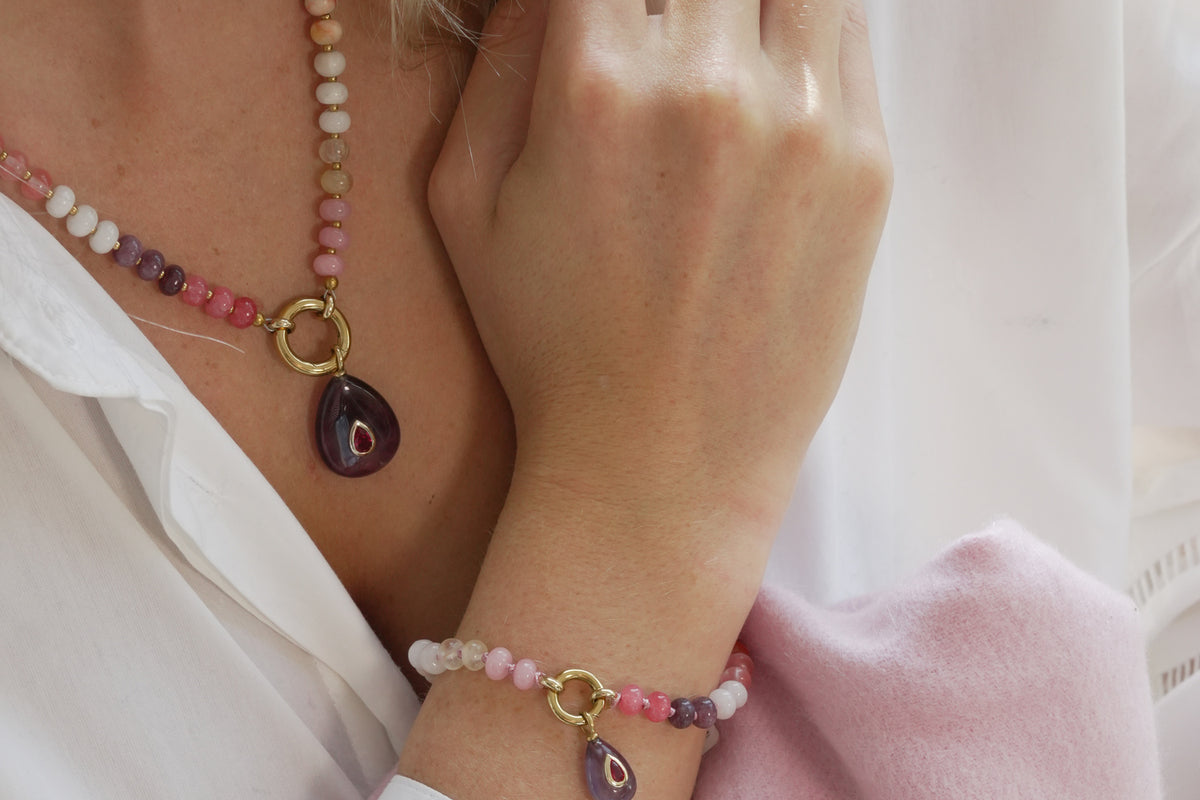 Amala red mix and Fleur amethyst necklace by Boho Betty – a gold amethyst beaded teardrop pendant necklace