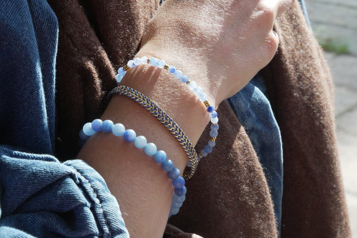 Mani blue aventurine gold stretch bead bracelet by Boho Betty – a gold blue aventurine beaded stretch bracelet