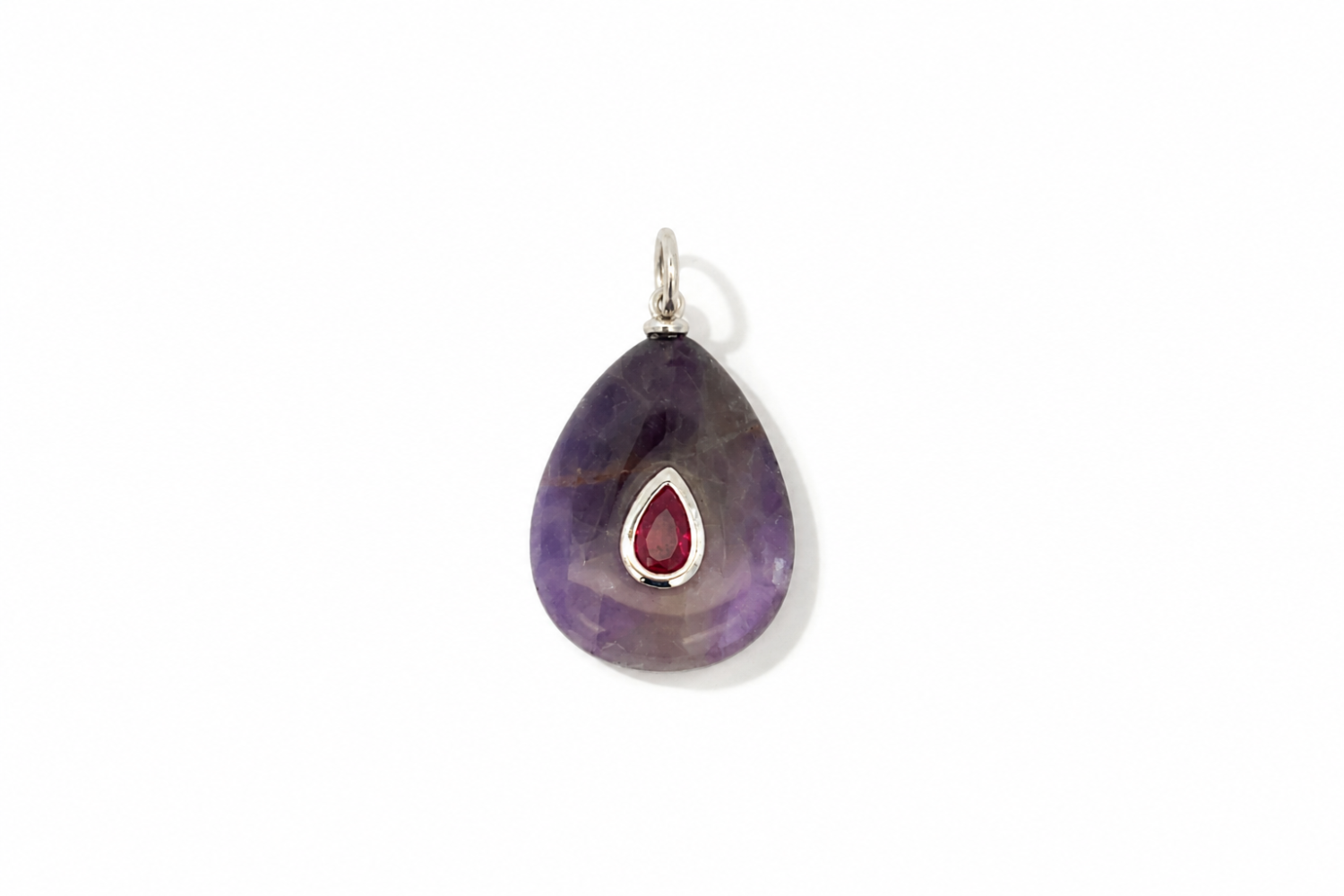 Fleur Amethyst Charm Silver featuring a carved amethyst gemstone with a ruby-coloured crystal on a waterproof rhodium-plated stainless steel loop.