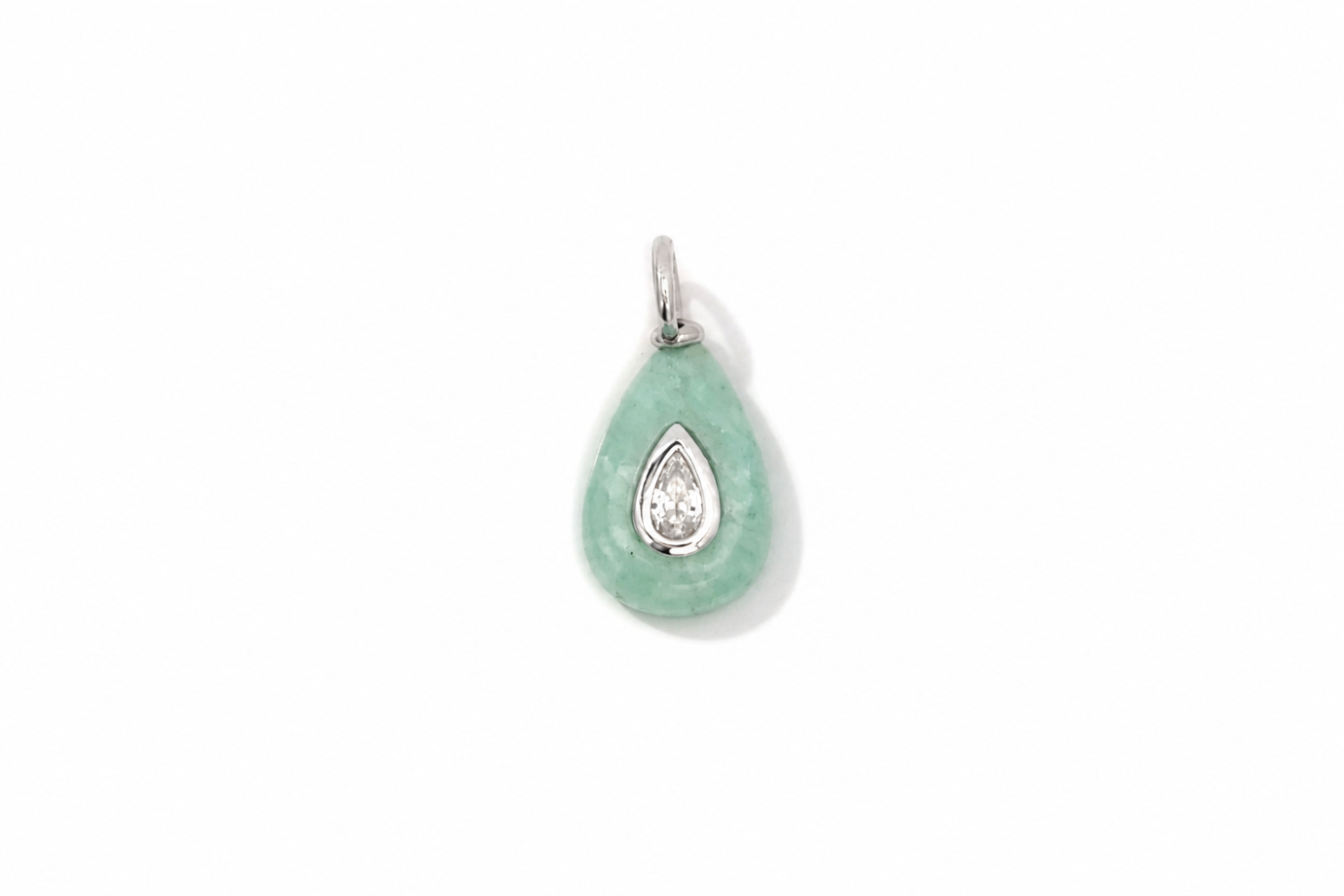 Fleurette Amazonite Charm Silver featuring a carved amazonite gemstone with a sparkling crystal on a waterproof rhodium-plated stainless steel loop.