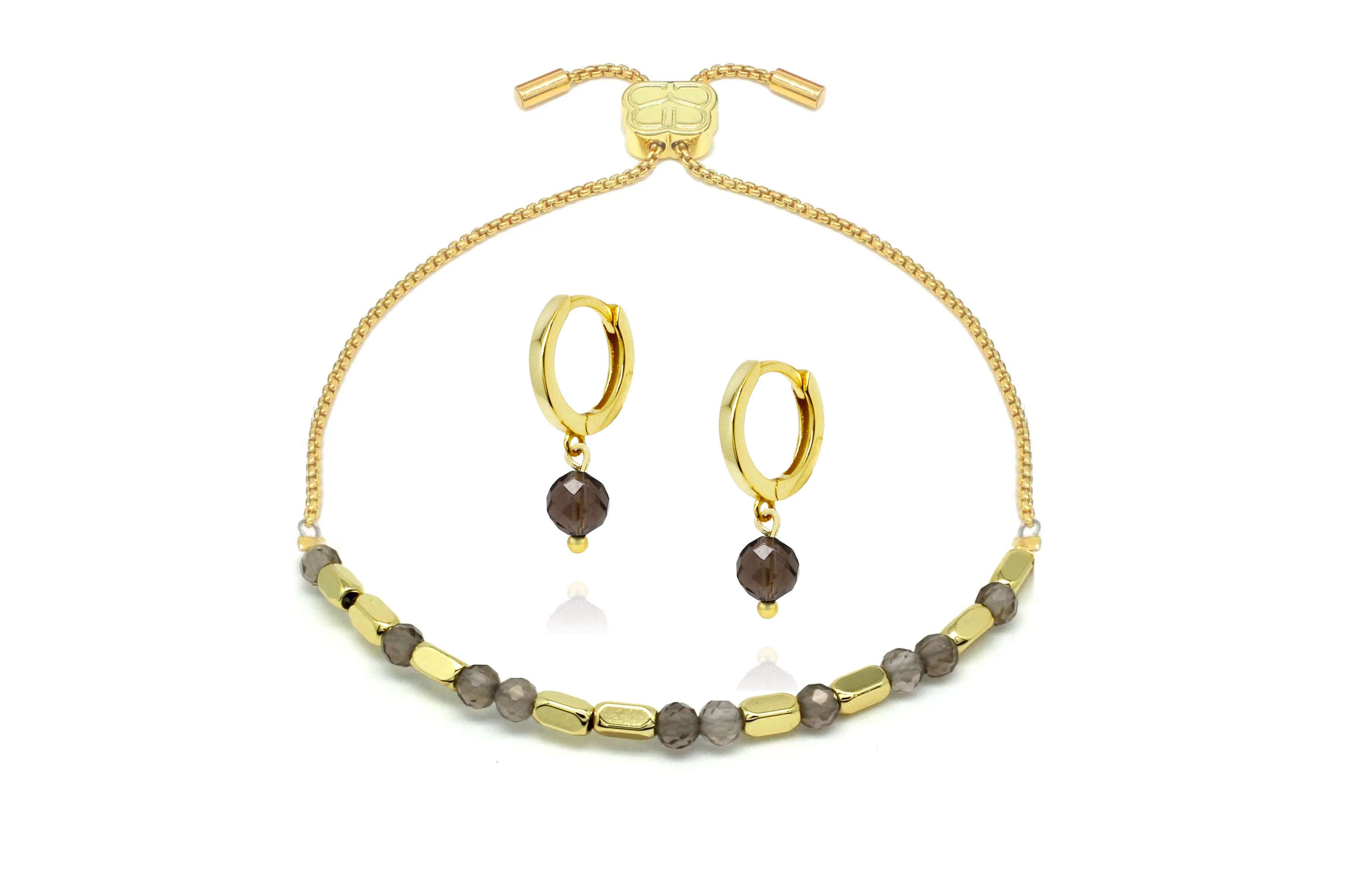 Smokey Quartz Morse Code Gemstone Gold Bracelet & Earring Gift Set