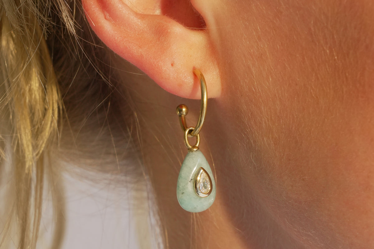 Hana amazonite & gold hoop earrings by Boho Betty – gold hoop earrings with amazonite gemstone drops