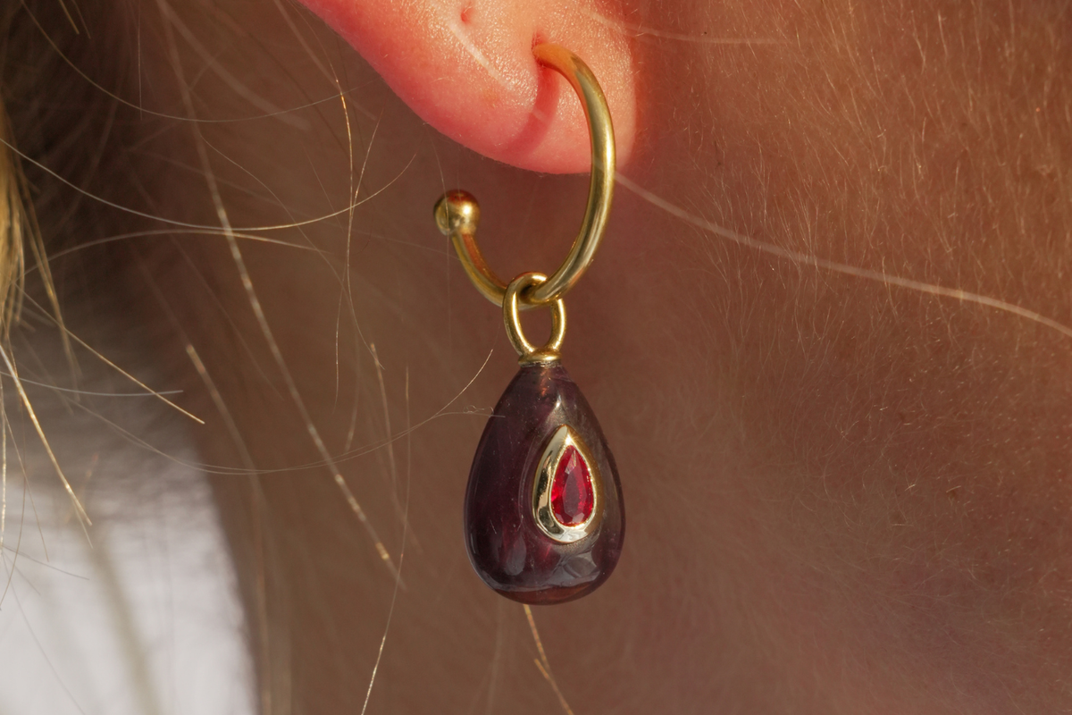 Hana Amethyst Gold Hoop Earrings worn with natural amethyst gemstone drops and waterproof 14k gold PVD hoops for colourful everyday styling.