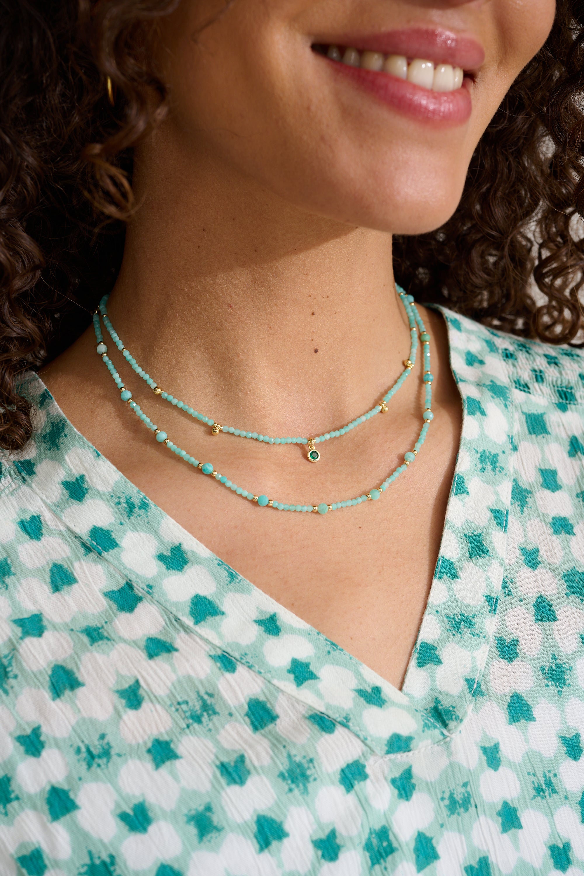 A stunning amazonite gemstone pendant necklace layered with the Boho Betty Melrose amazonite Necklace. Perfect gifts for her
