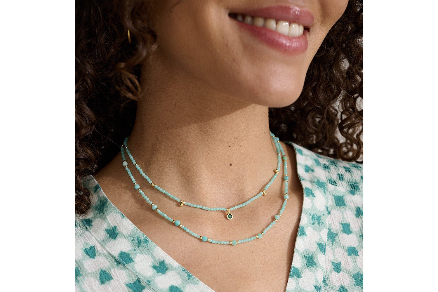A stunning amazonite gemstone pendant necklace layered with the Boho Betty Melrose amazonite Necklace. Perfect gifts for her