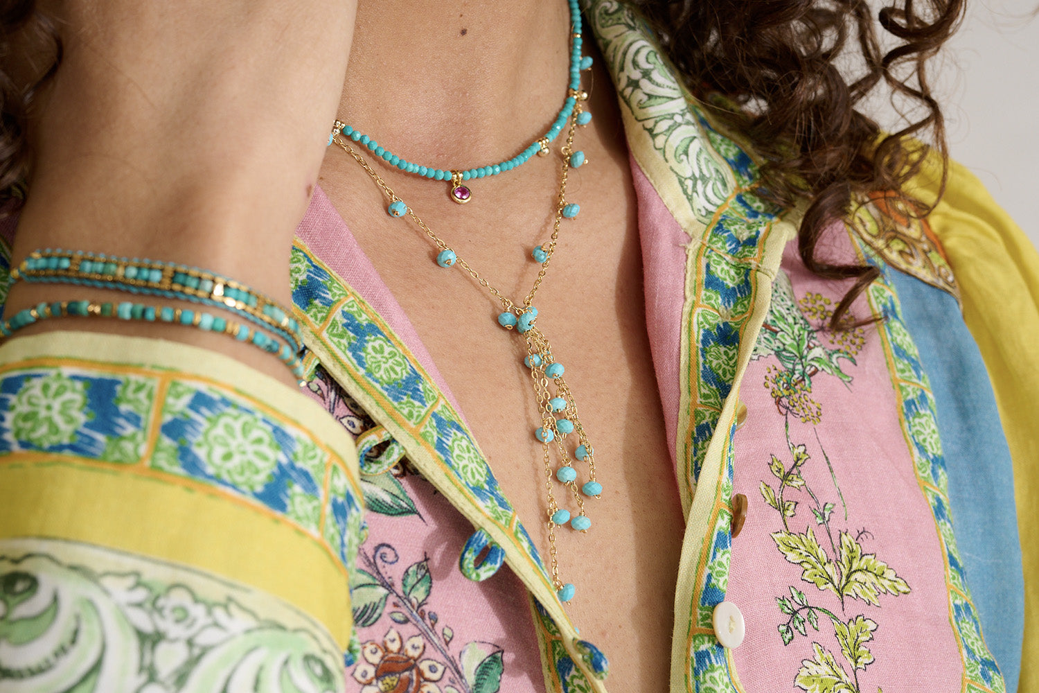 Boho Betty turquoise necklace with a pink cz droplet paired beautifully with the Boho Betty Icy Necklace- Stylish pairing