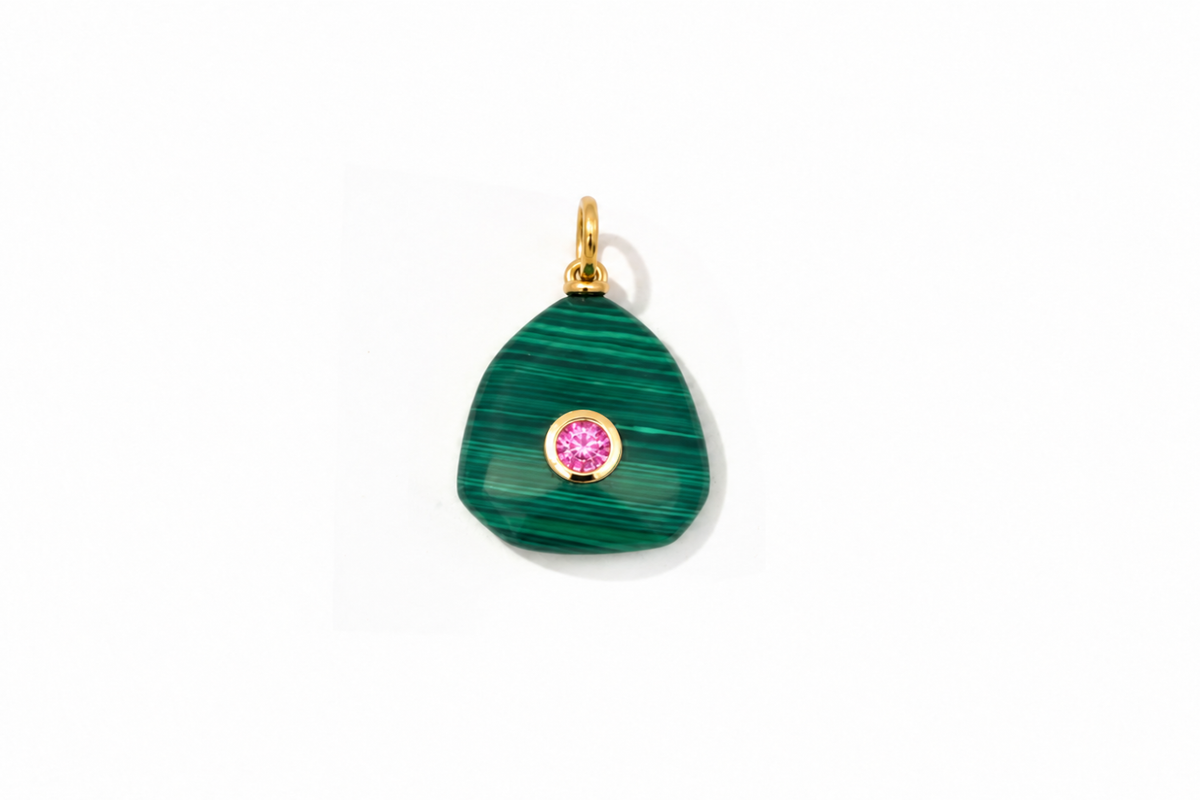 Kalis Malachite Gold Charm by Boho Betty – waterproof green malachite gemstone charm pendant with a pink crystal centre in gold, an interchangeable collectable charm for a charm necklace