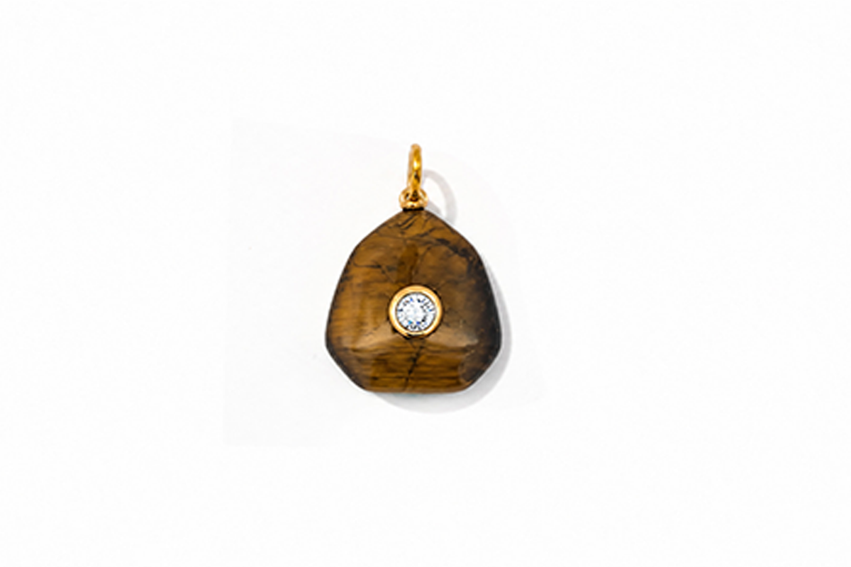 Kalis Tigers Eye Gold Charm by Boho Betty – waterproof golden-brown tiger's eye gemstone charm pendant with a clear crystal centre in gold, an interchangeable collectable charm for a charm necklace