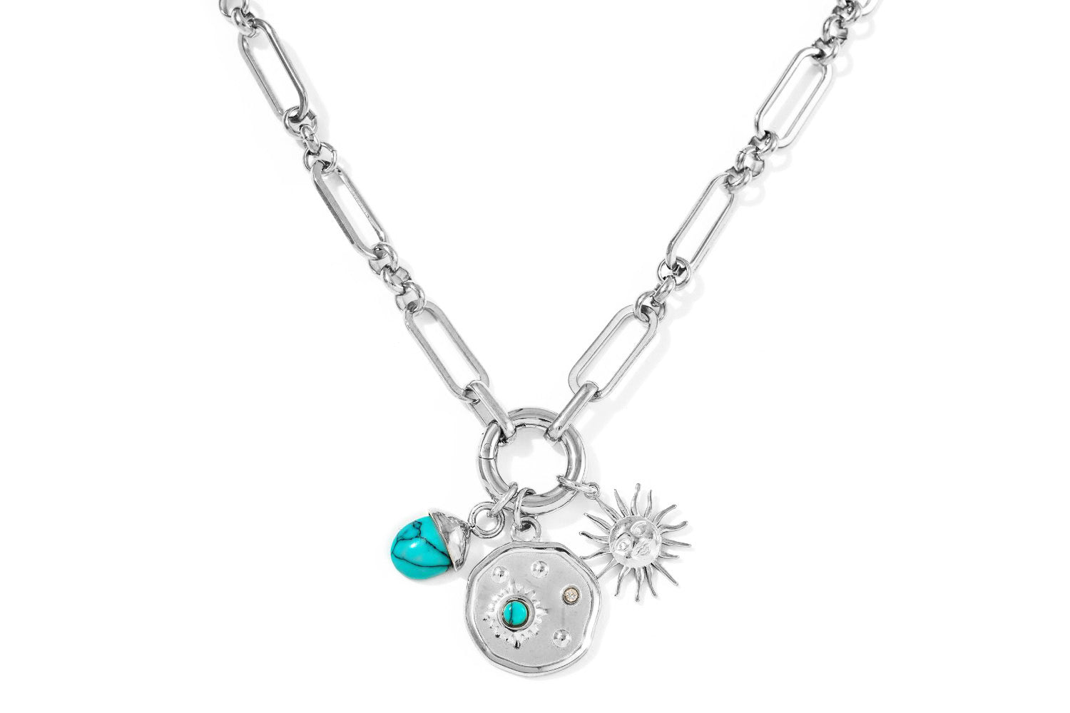 Luma Turquoise Howlite Polished Stainless Steel Necklace with chunky paperclip chain and detachable celestial charms.
