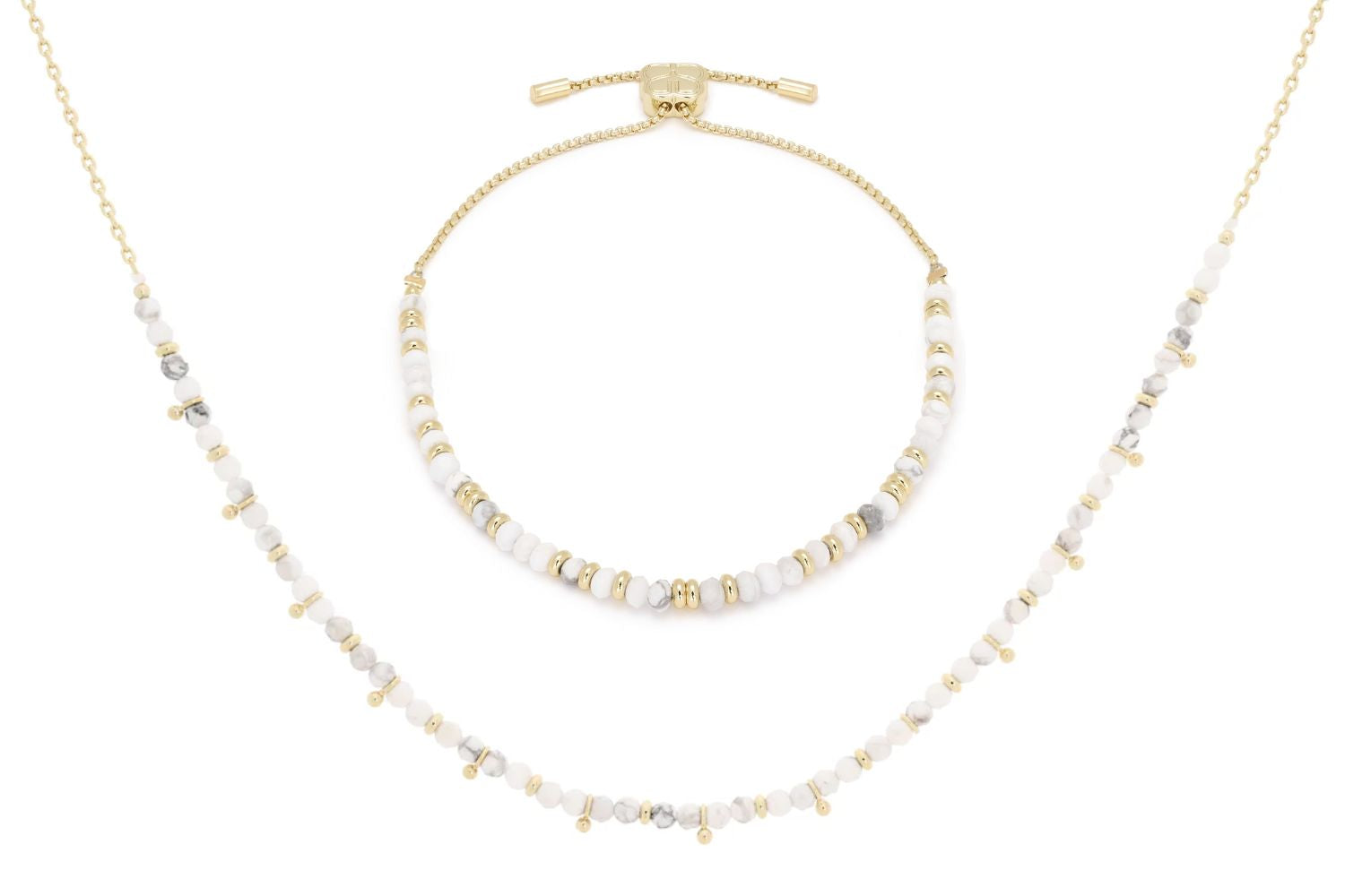 Mystical White Howlite Necklace and Bracelet Set featuring calming white howlite gemstones and luxurious 12k gold-plated accents, designed for serene elegance and boho-chic style.
