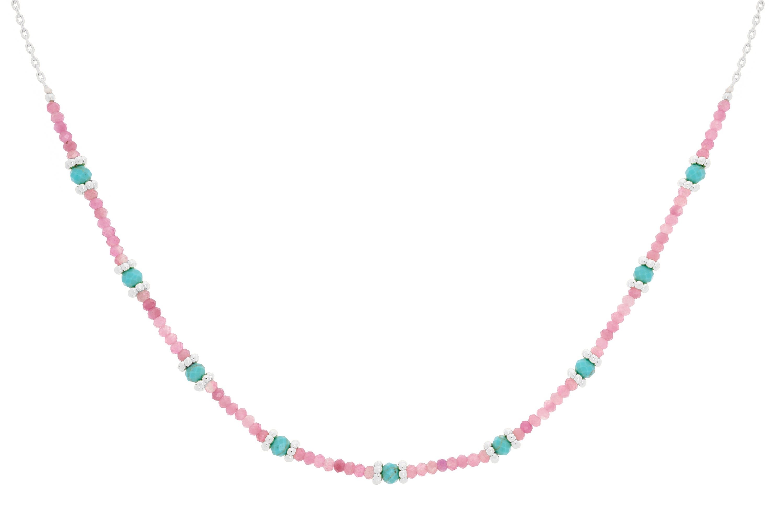 Syros Pink Tourmaline Turquoise Gemstone Silver Necklace - Boho Betty