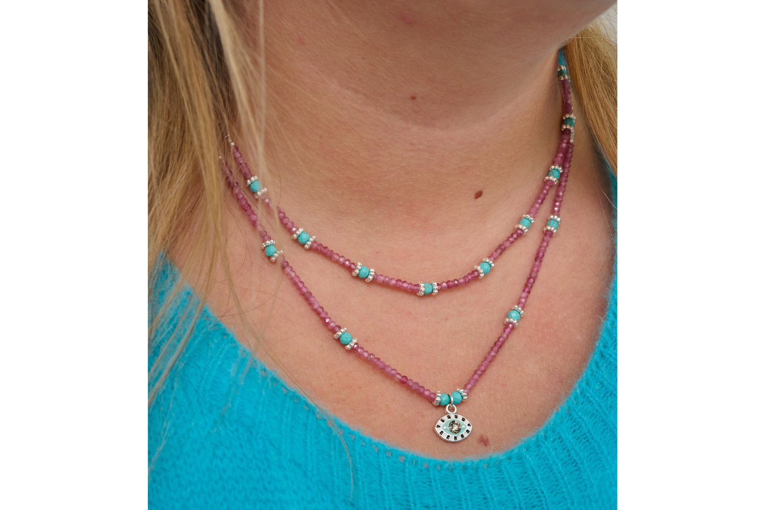 Syros Pink Tourmaline Turquoise Gemstone Silver Necklace - Boho Betty