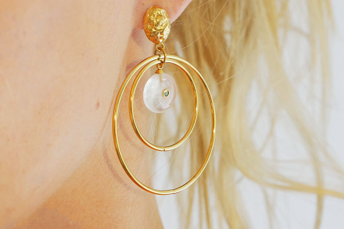 Onda white jade gold statement earrings by Boho Betty – gold double hoop statement earrings with white jade drops