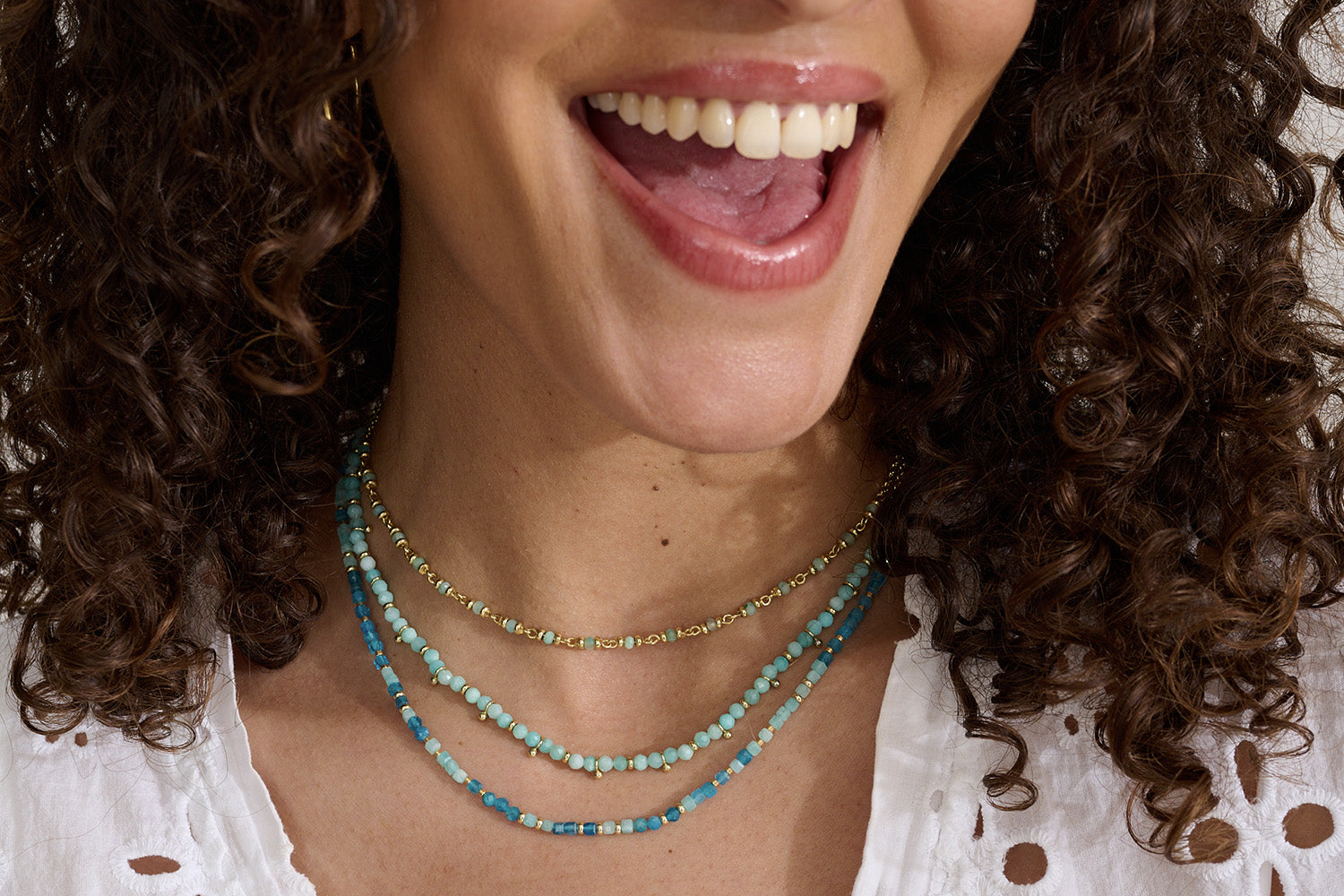Layer up your Panacea Amazonite Gold with the Salus Amazonite Gold and Allegra Amazonite/Apatite Necklaces for subtle yet stunning looks.