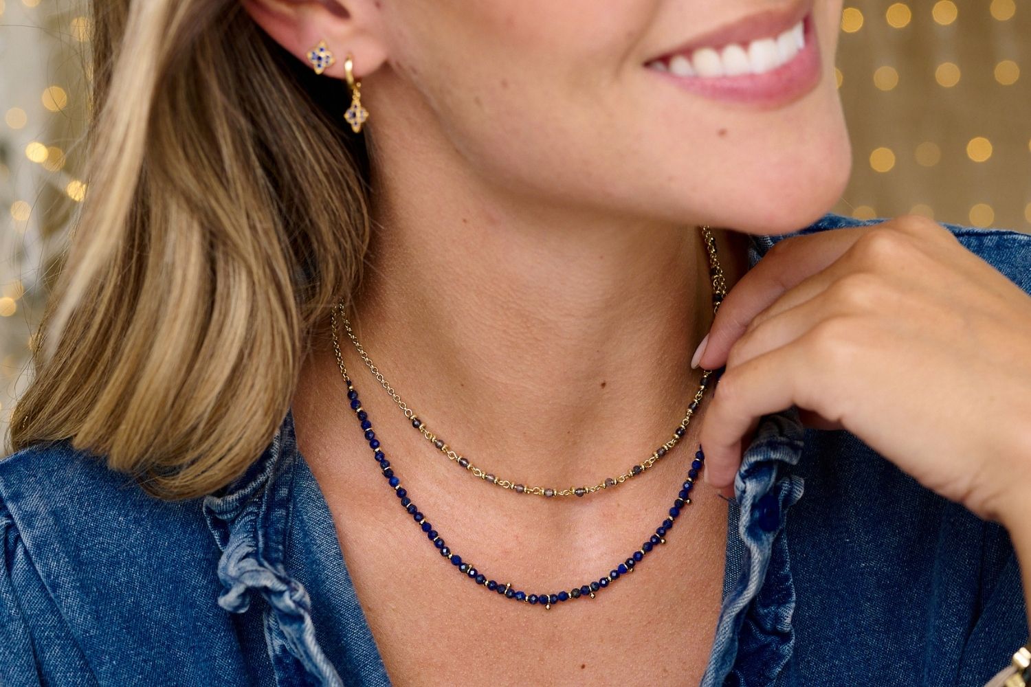 Woman wearing Lapis Gold Gemstone Necklace