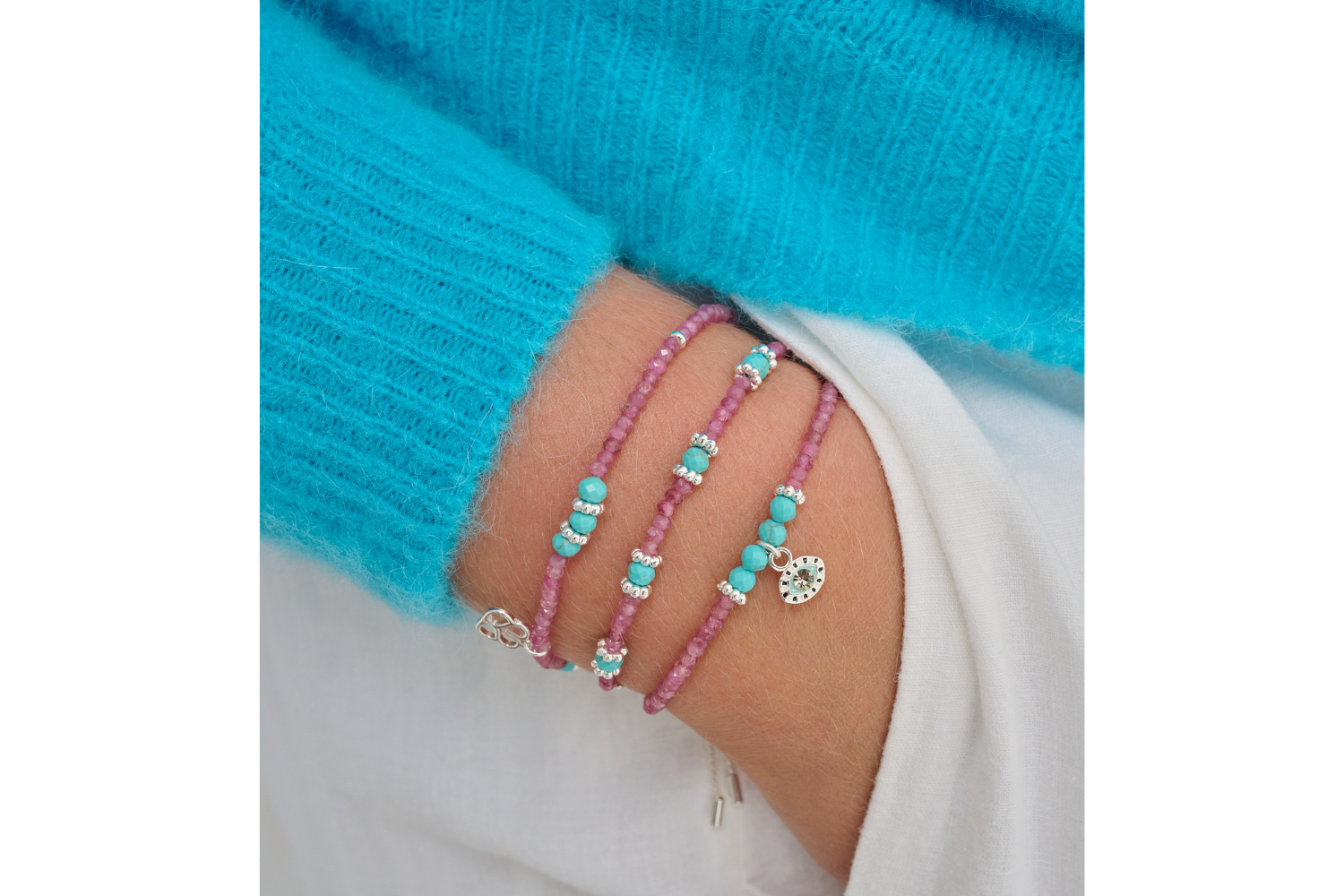 Delight Silver Pink and Turquoise Gemstone Bracelet - Boho Betty