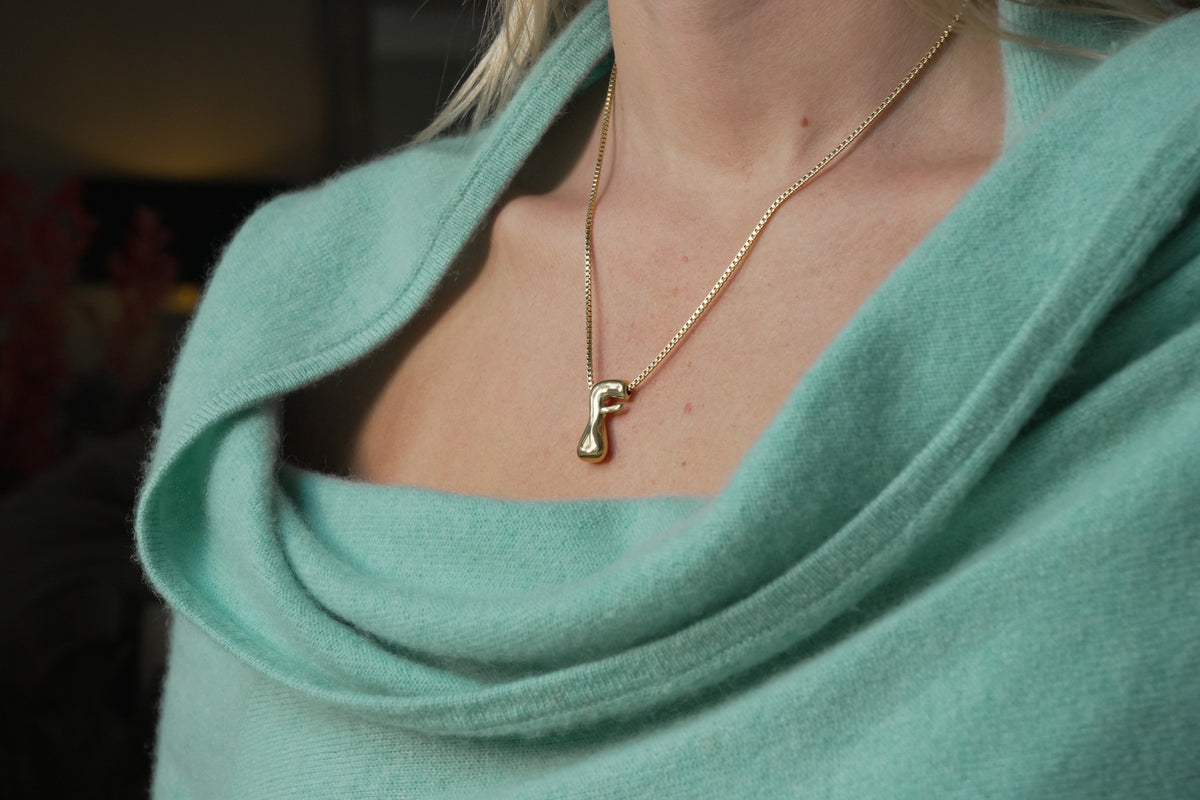Sola waterproof gold initial letter F necklace by Boho Betty – a personalised gold initial F pendant on a box chain