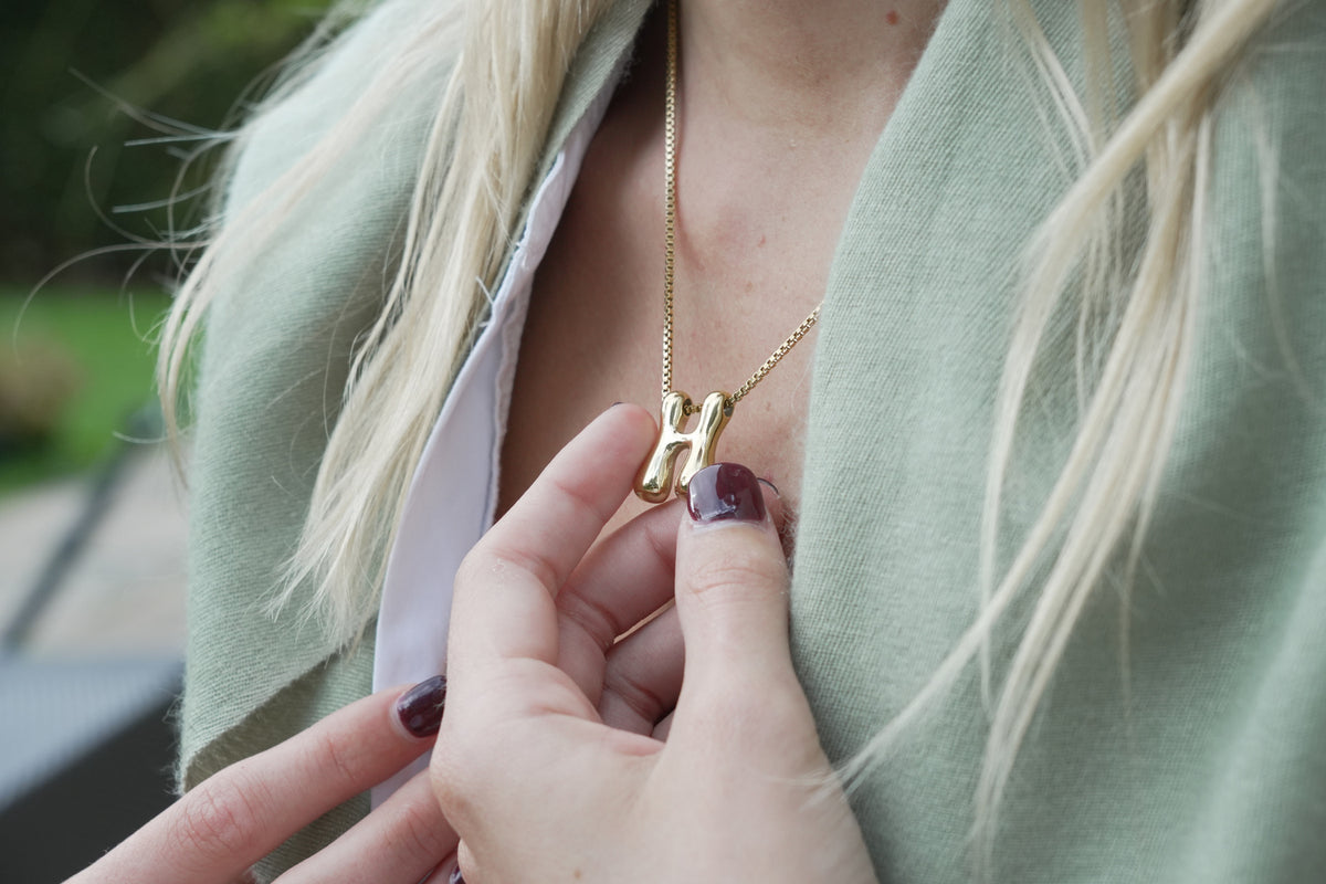 Sola waterproof gold initial letter H necklace by Boho Betty – a personalised gold initial H pendant on a box chain