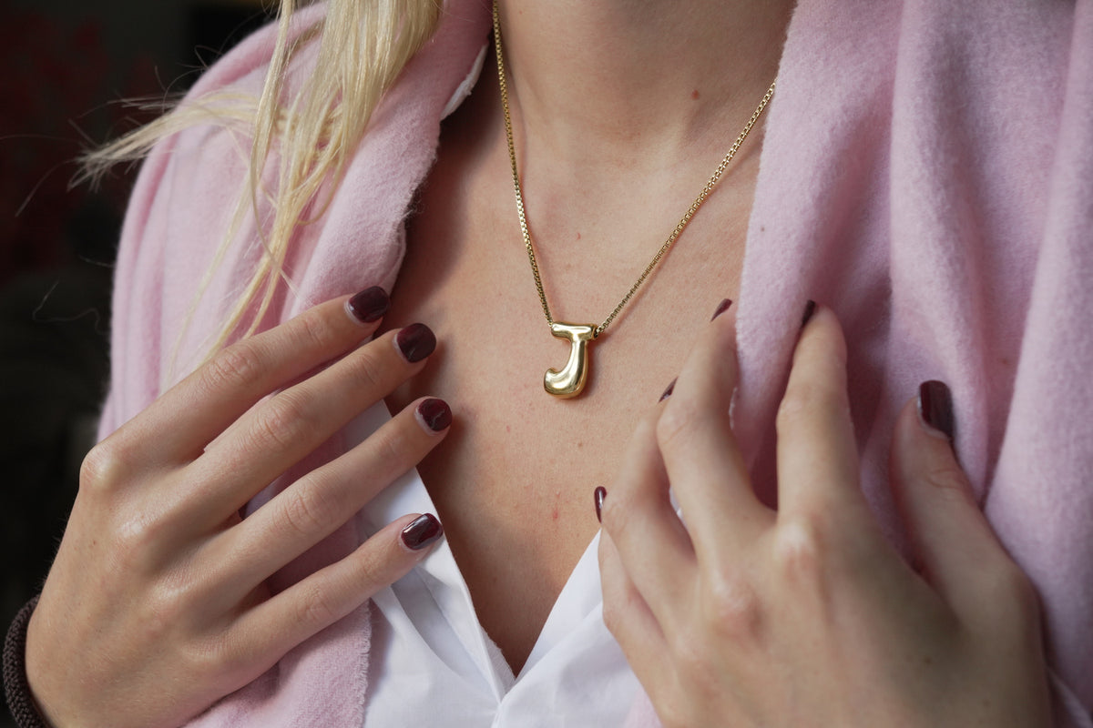 Sola waterproof gold initial letter J necklace by Boho Betty – a chunky gold letter J pendant, personalised initial jewellery