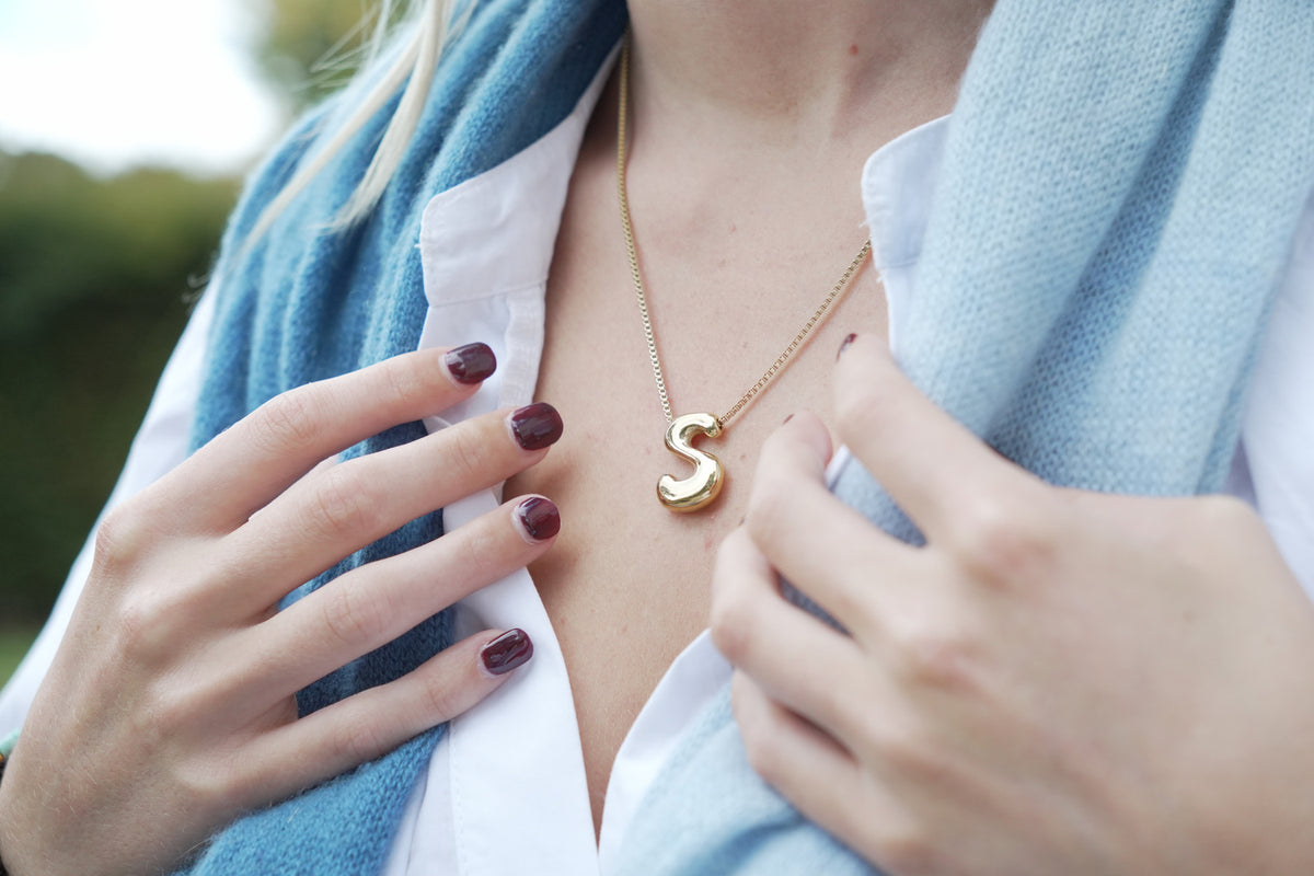 Sola waterproof gold initial letter S necklace by Boho Betty – a chunky gold letter S pendant, personalised initial jewellery