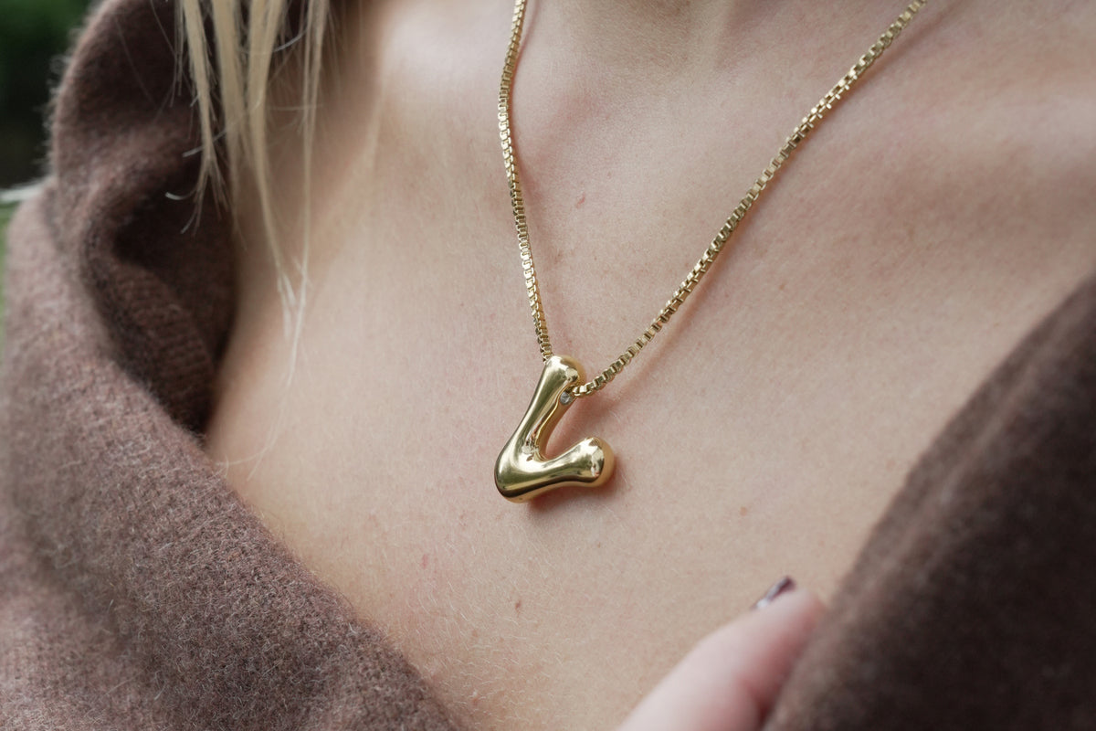 Sola waterproof gold initial letter V necklace by Boho Betty – a chunky gold letter V pendant, personalised initial jewellery