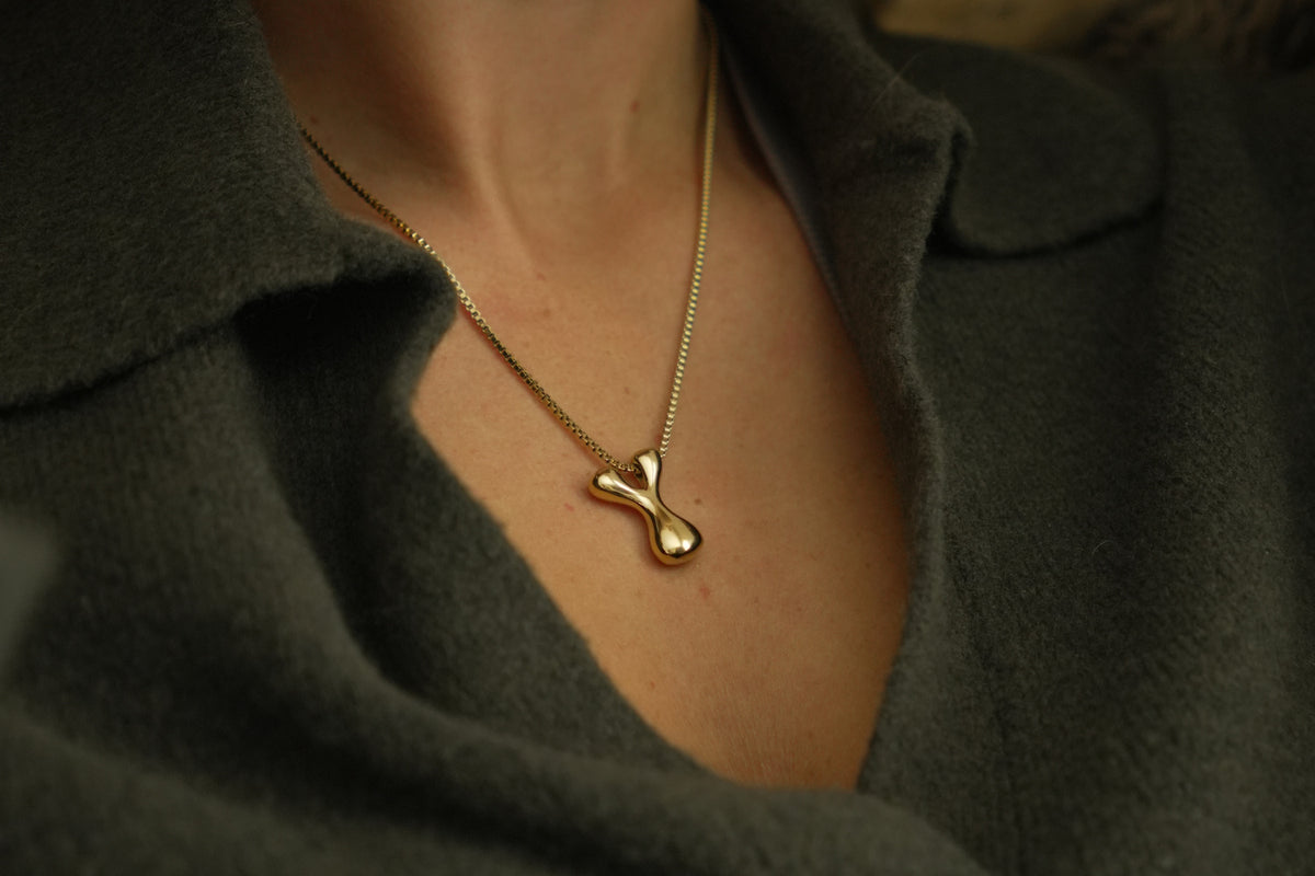 Sola waterproof gold initial letter Y necklace by Boho Betty – a sculpted 14k gold PVD letter Y pendant, a gift for her