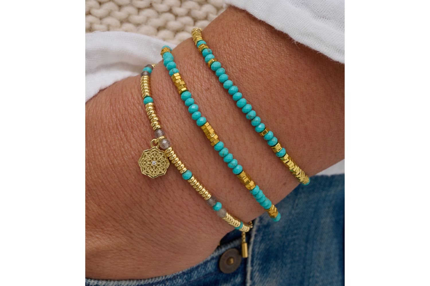 Drift 3 Layer Turquoise Gold Bracelet Stack - Boho Betty