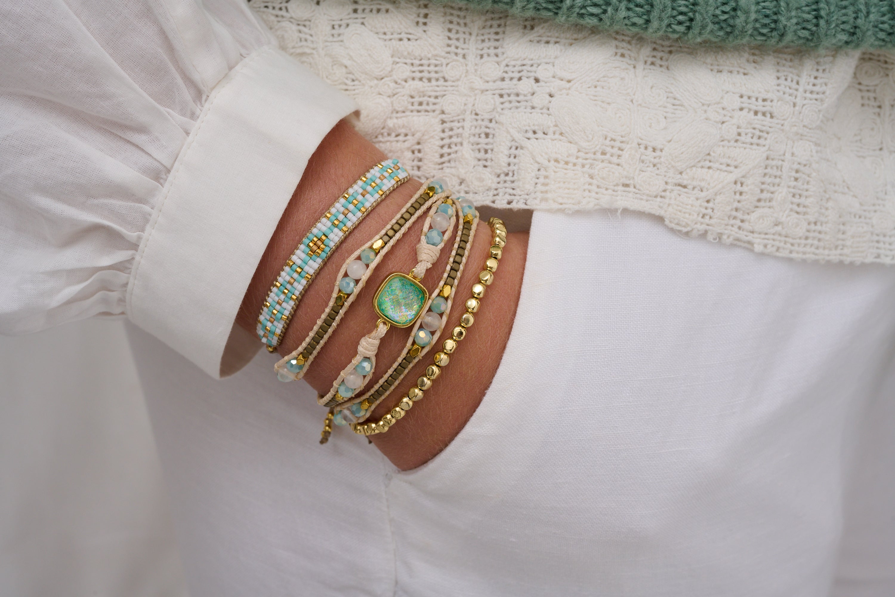 Zagreb 3 Layered Gold & Aqua Bracelet Stack - Boho Betty