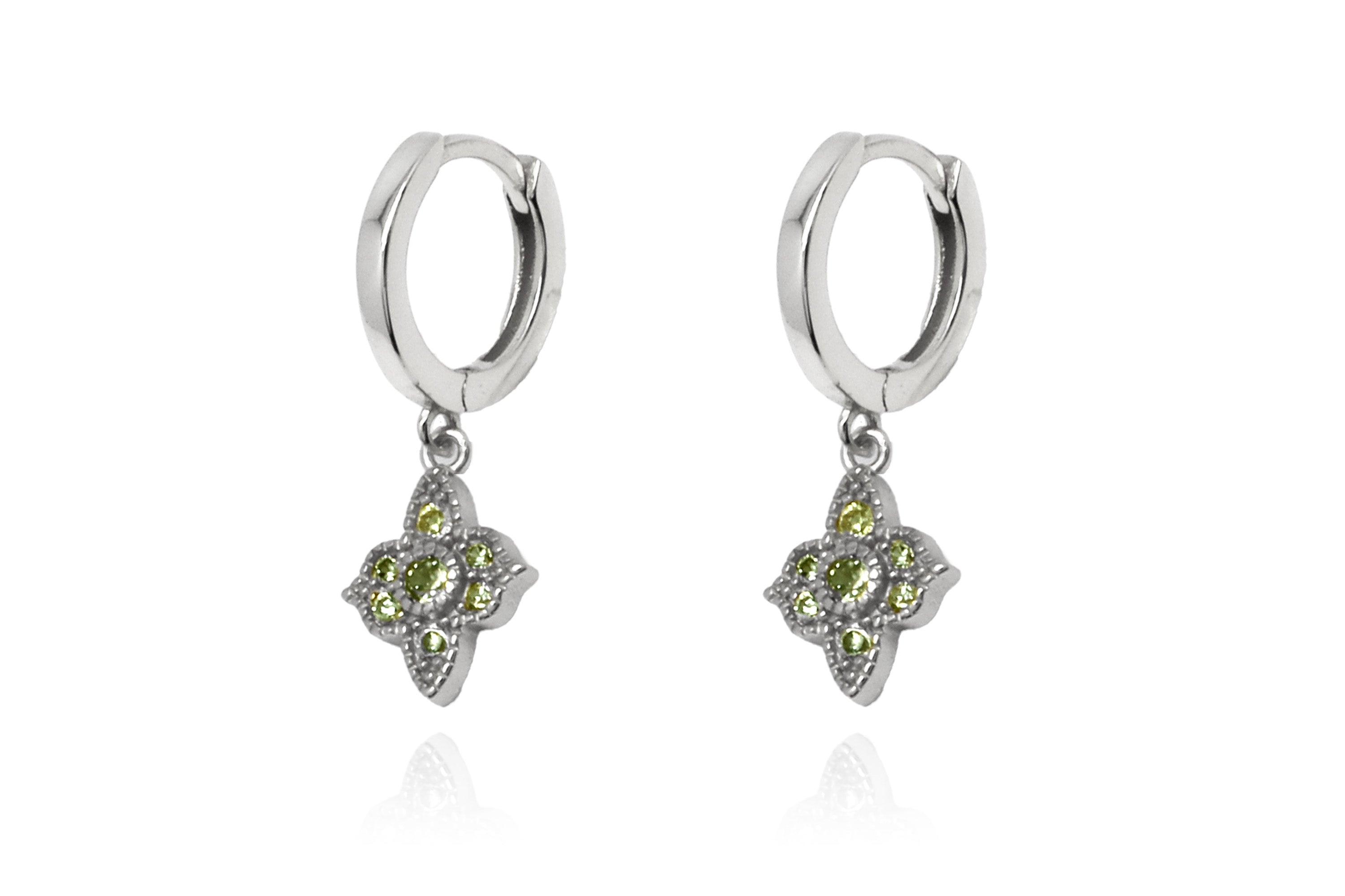 silver huggie hoop earrings with artisan style charm, peridot green stones for august birthday gift