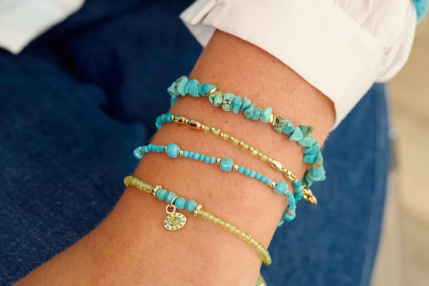 Treasure Gold Peridot & Turquoise Charm Bracelet - Boho Betty