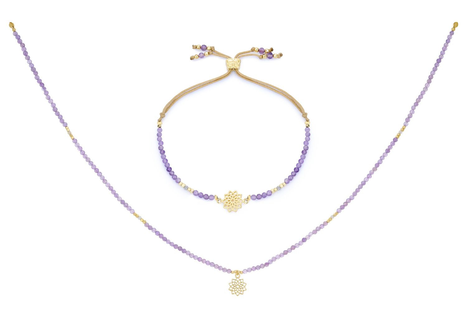Amethyst & Labradorite Gold Crown Chakra Necklace and Bracelet Set featuring lilac amethyst beads, labradorite accents, 12k gold-plated details, and a symbolic Crown Chakra charm for spiritual balance.