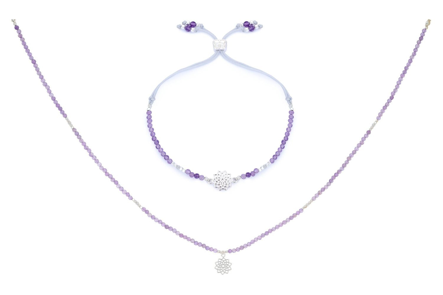 Amethyst & Labradorite Silver Crown Chakra Necklace and Bracelet Set featuring lilac amethyst beads, labradorite accents, silver-plated details, and a symbolic Crown Chakra charm for spiritual elevation.