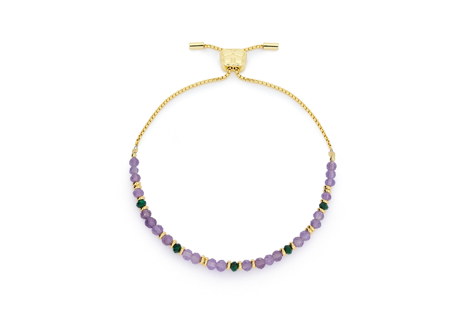 Amina gold slider bracelet with amethyst and malachite gemstones on white background